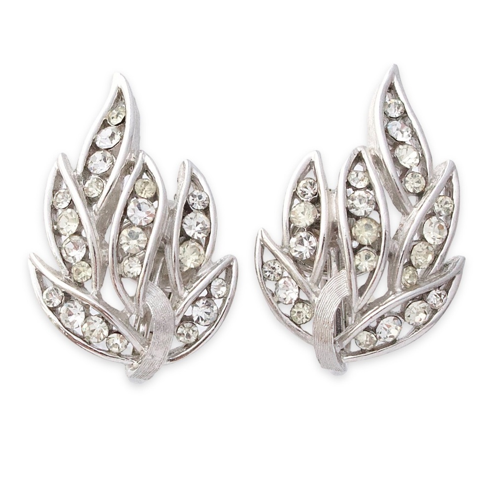 Vintage Crown Trifari Rhinestone Fern Leaf Clip On Earrings Silver Tone 1960s